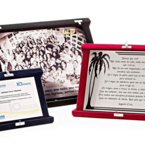 Placa de Aço Inox Escovado Acondicionado em Estojo de Veludo com Aba Expositora